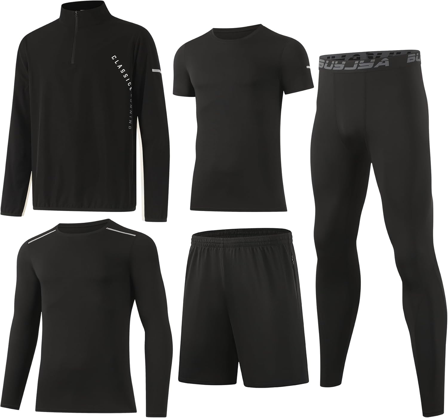 BUYJYA 5Pcs Men's T Shirts Workout Long Sleeve Athletic Zip Pocket Shorts Jackets Compression Pants Gym Basketball Gear - Image 7