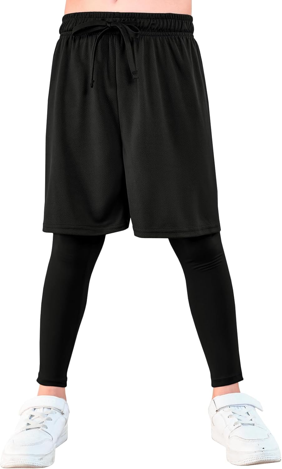 Haloumoning Boys Sports Leggings with Shorts Kids 2 in 1 Running Workout Athletic Legging Pants 5-14 Years - Image 3