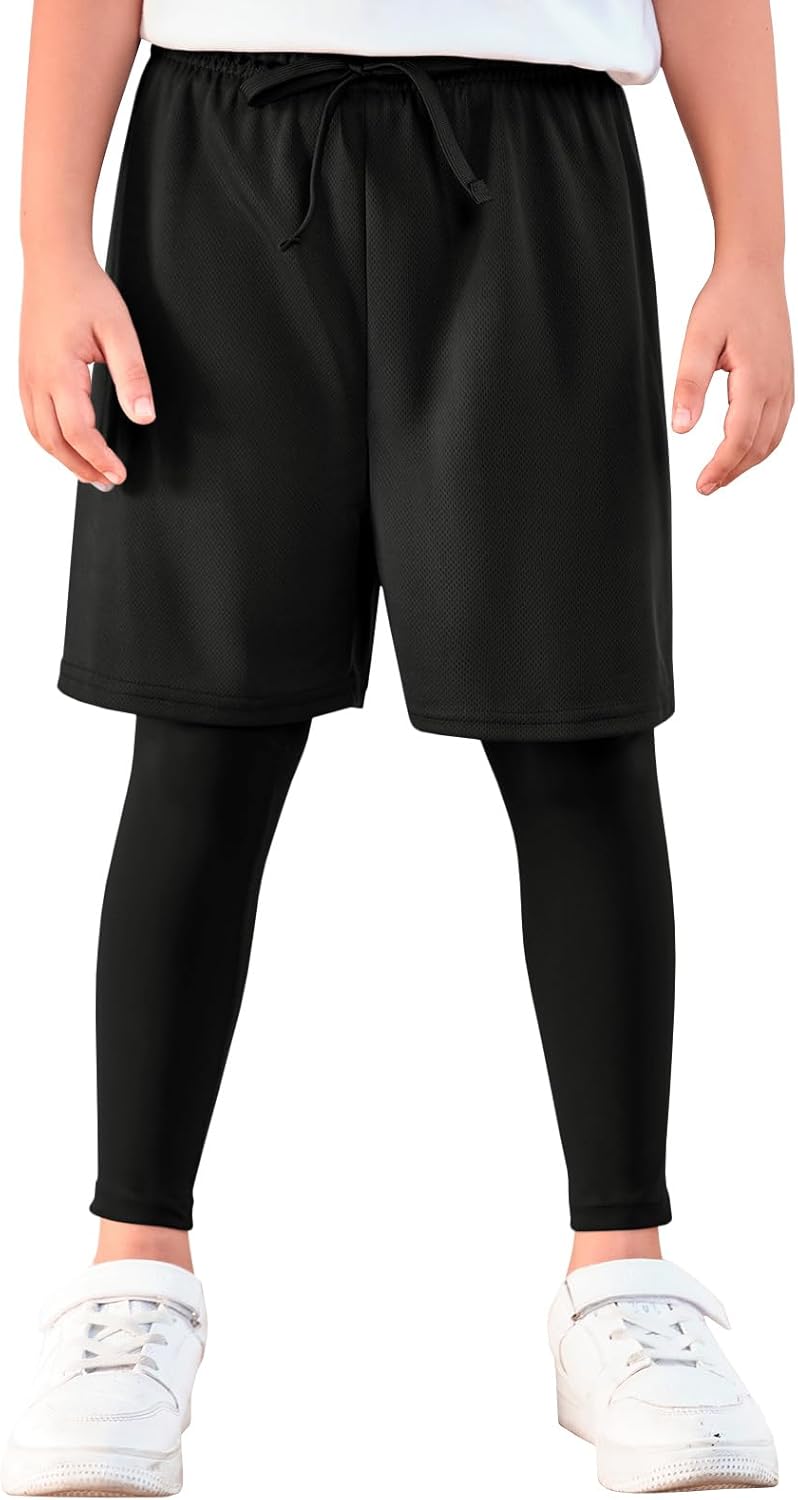 Haloumoning Boys Sports Leggings with Shorts Kids 2 in 1 Running Workout Athletic Legging Pants 5-14 Years - Image 2