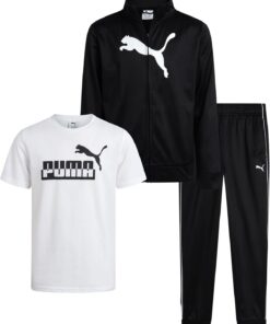PUMA Boys Pants Set - 3 Piece Athletic T-Shirt, Zip Up Jacket, Jogger Pants - Boys Activewear Tricot Jogset (8-16)