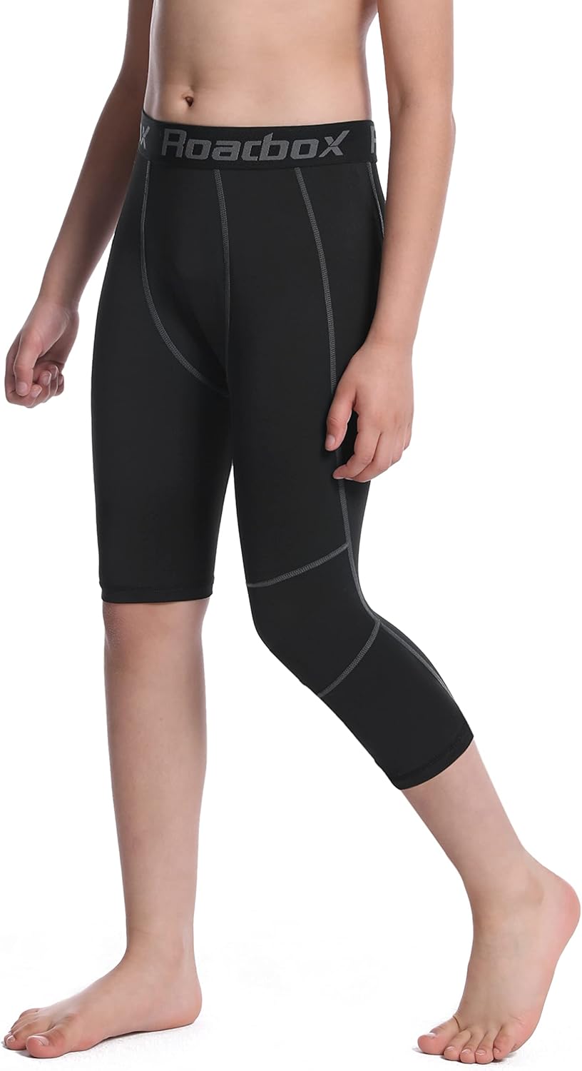 Roadbox Boys One Leg Compression Pants, 2Pack 3/4 Athletic Basketball Leggings, Youth Sports Baselayer Tights - Image 2