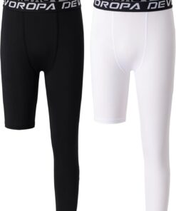 DEVOROPA Youth Boys One Leg Compression Pants for Basketball 3/4 Leggings Sports Tights Kids Athletic Soccer Base Layer
