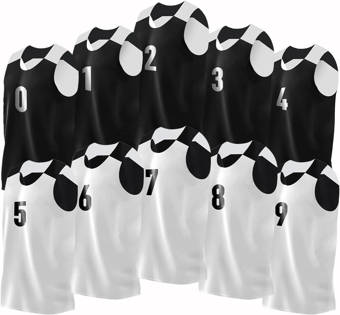 Reversible Basketball Jersey Team Set for Men with Numbers | Complete Team Set for Games or Scrimmage | Black and White | 10-Pack | Pinnies | Breathable and Moisture Wicking