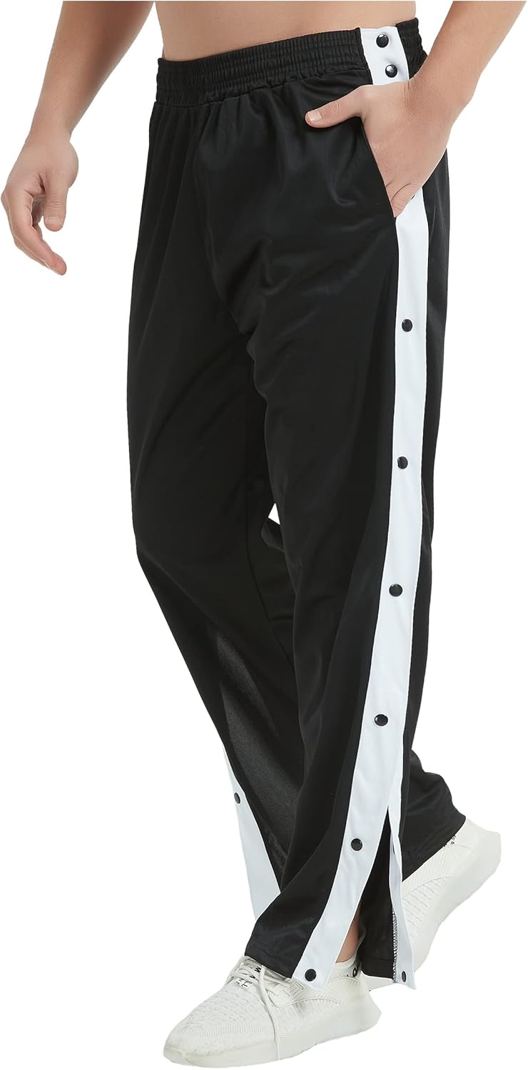 THWEI Mens Tear Away Basketball Pants Casual High Split Snap Button Post Surgery Sweatpants