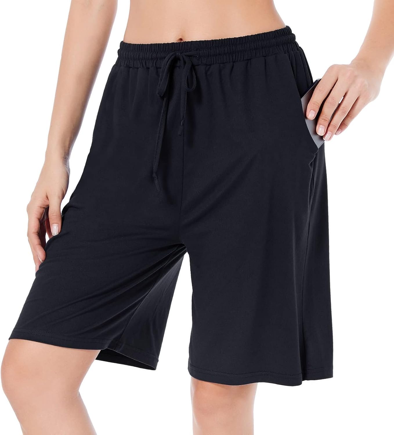 CULAYII Women's High Waisted Basketball Shorts Long Bermuda Gym Yoga Shorts with Pockets Athletic Knee Length Running Shorts