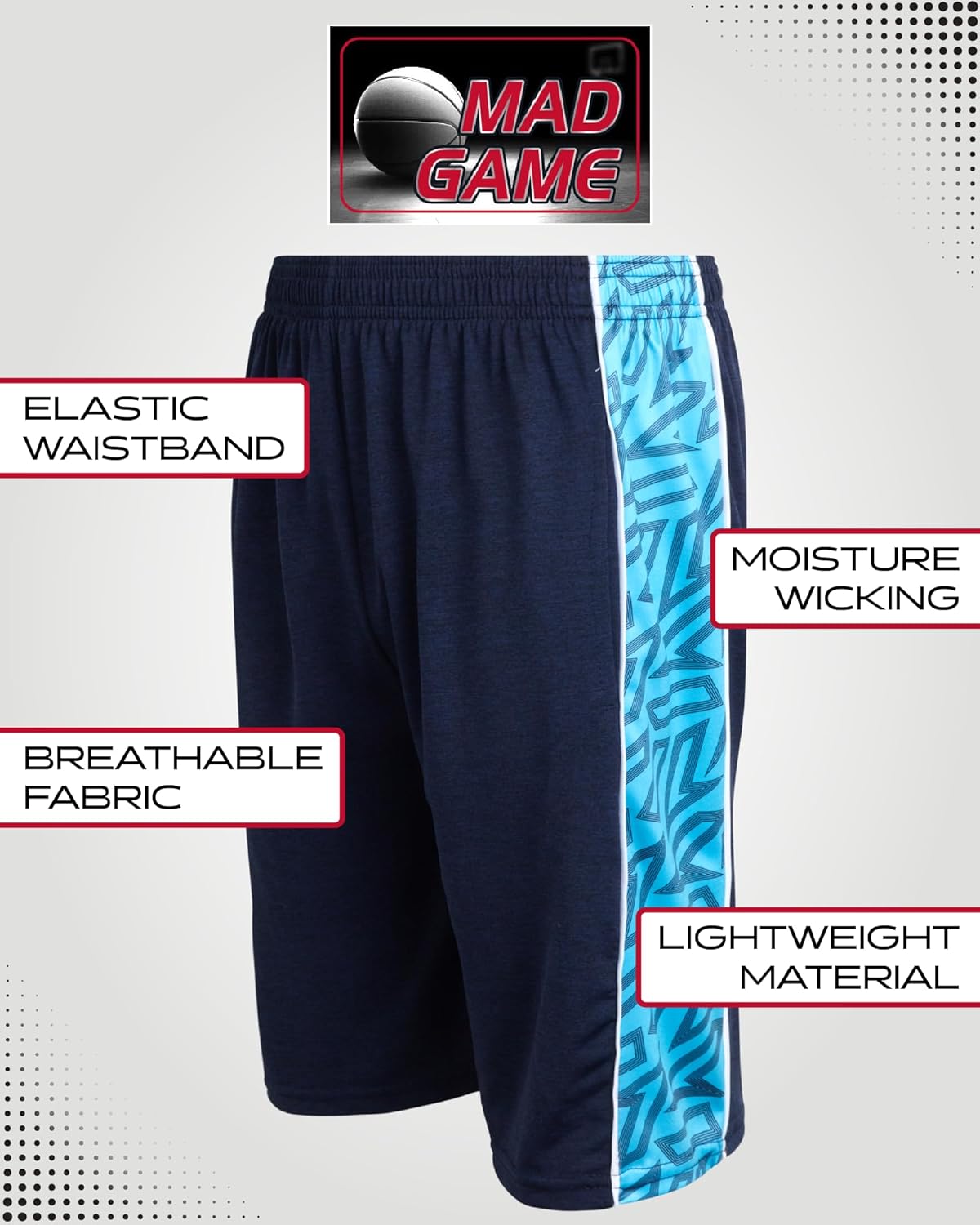 Mad Game Boys Athletic Shorts - 5 Pack Athletic Performance Mesh Running Basketball Shorts for Boys with Pockets (Sizes 8-18) - Image 2