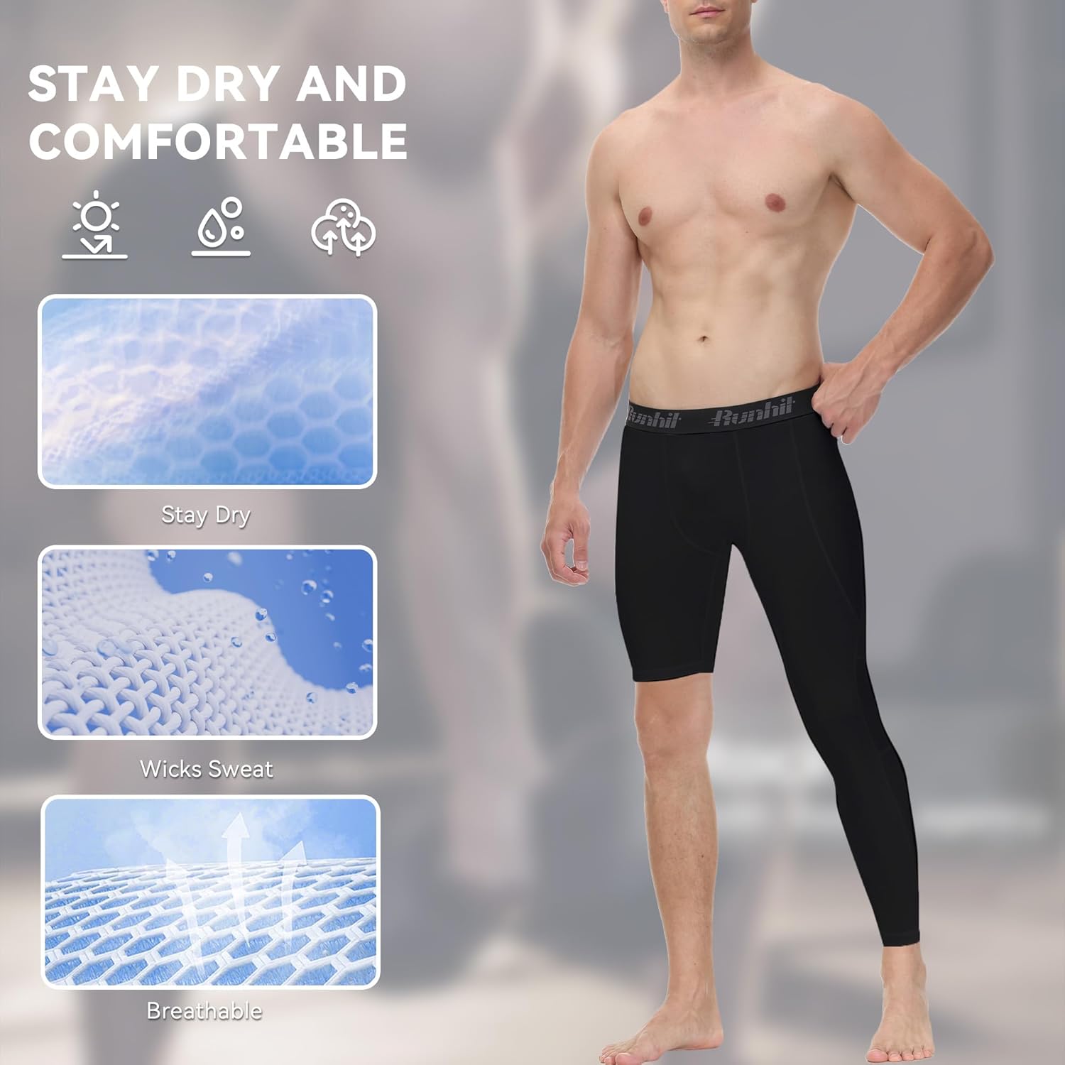 Runhit Men's Basketball One Leg Compression Tights Full Length Single Leg Compression Pants Sports Base Layer Underwear - Image 3