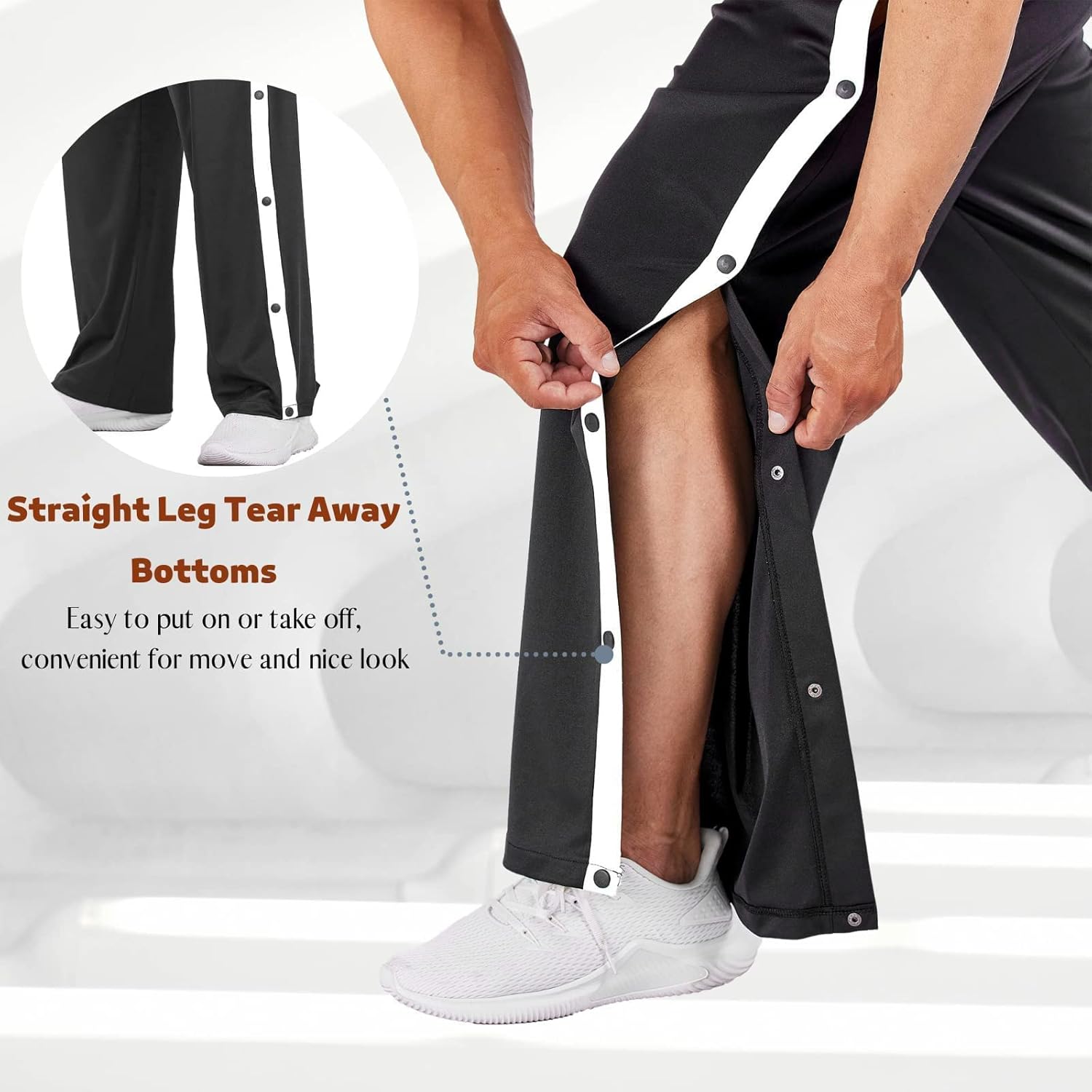 Deyeek Men's Tear Away Basketball Pants High Split Snap Button Casual Post-Surgery Sweatpants with Pockets - Image 2