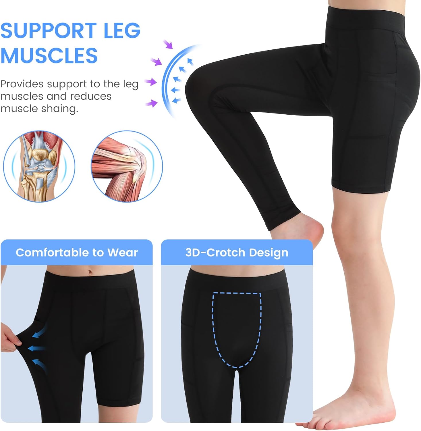 2 Pack Boys Youth One Leg 3/4 Compression Pants Tights for Basketball Running Capris Gym Athletic Base Layer Leggings - Image 3