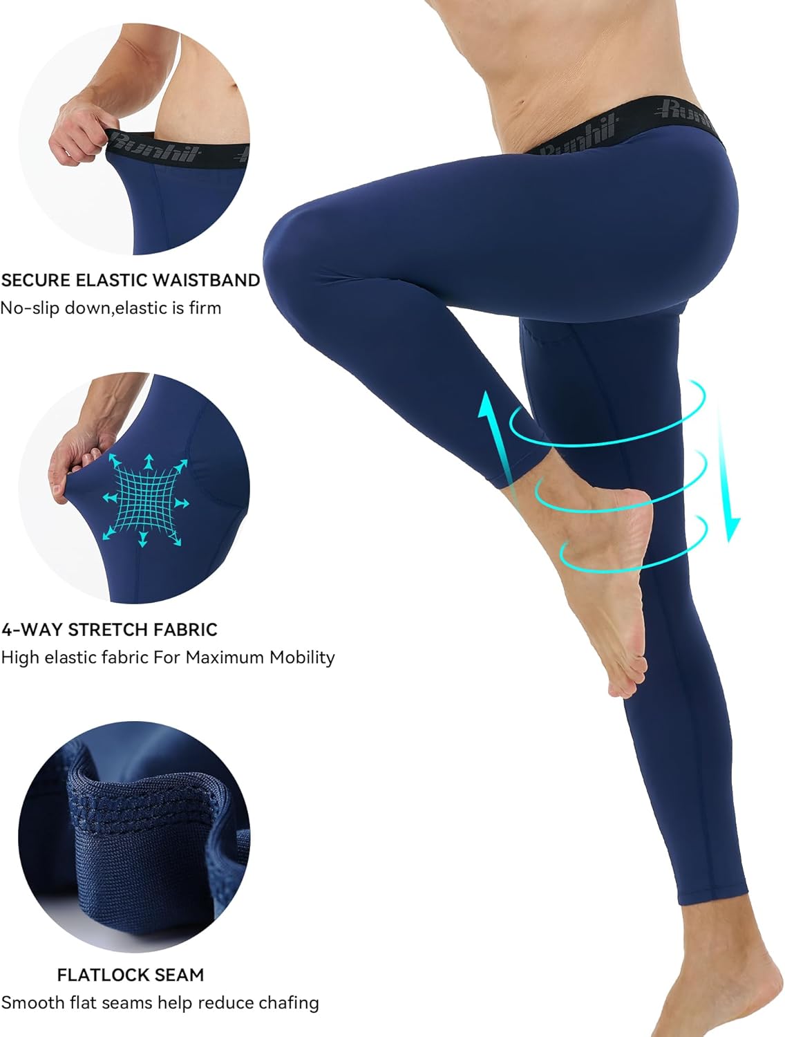 Runhit 3 Pack Compression Pants Men Running Tights Workout Leggings Athletic Base Layer Pants - Image 3