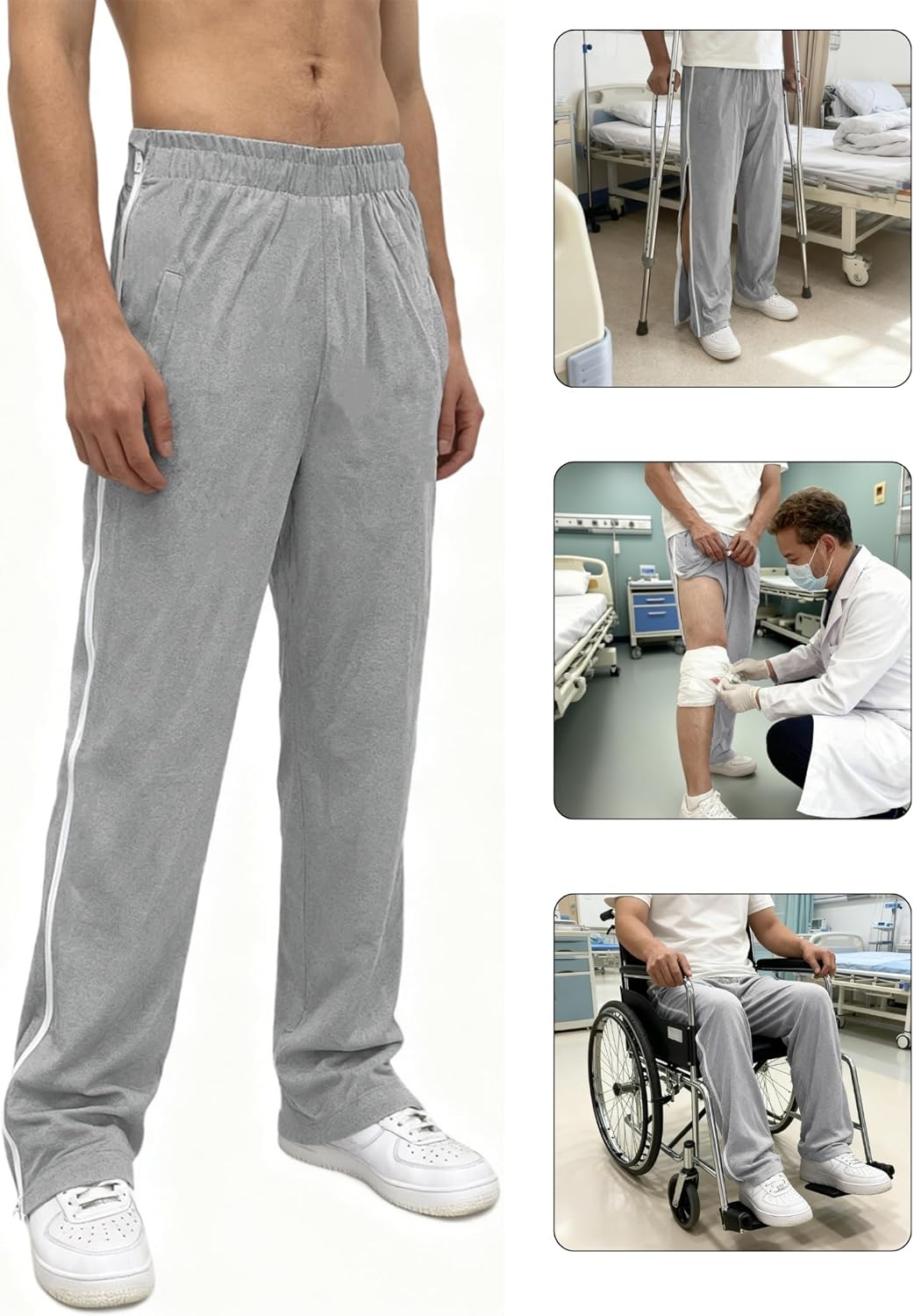 Men's Tear Away Pants 2 Side Full Zippers Legs Snap Off Sweatpants with Pockets for Post Knee Surgery Recovery - Image 2