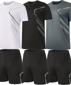BUYJYA 3 Pack Men's Gym Shorts Shirt Set Workout Athletic Basketball Running Football Elastic Waist with Pocket Gifts