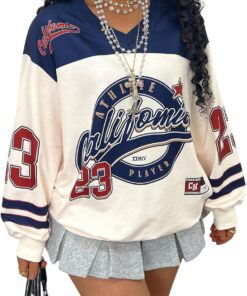 Plus Size Jersey Shirts for Women Graphic Long Sleeve V Neck Y2k Football Jersey Tops Streetwear