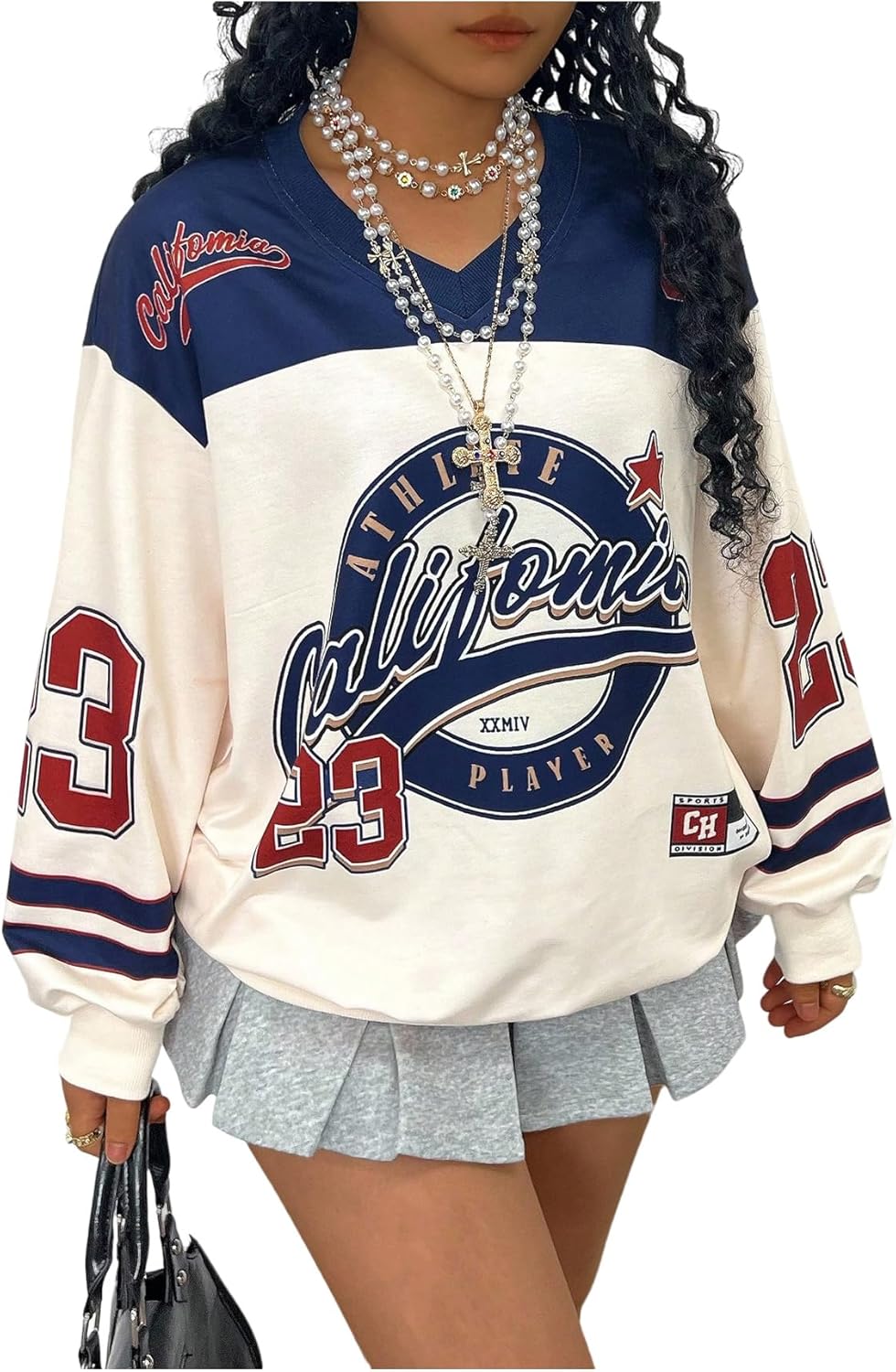 Plus Size Jersey Shirts for Women Graphic Long Sleeve V Neck Y2k Football Jersey Tops Streetwear