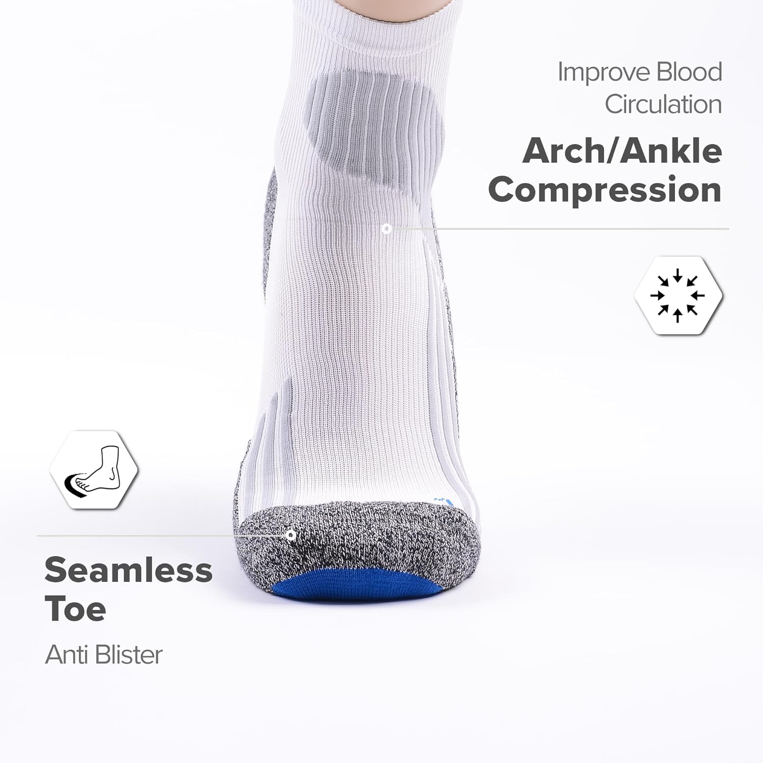 Extra Cushion Compression Socks Men, Coolmax Anti-Blister Wicking Padded Heel, Quarter Socks for Tennis Golf Hiking Work - Image 2