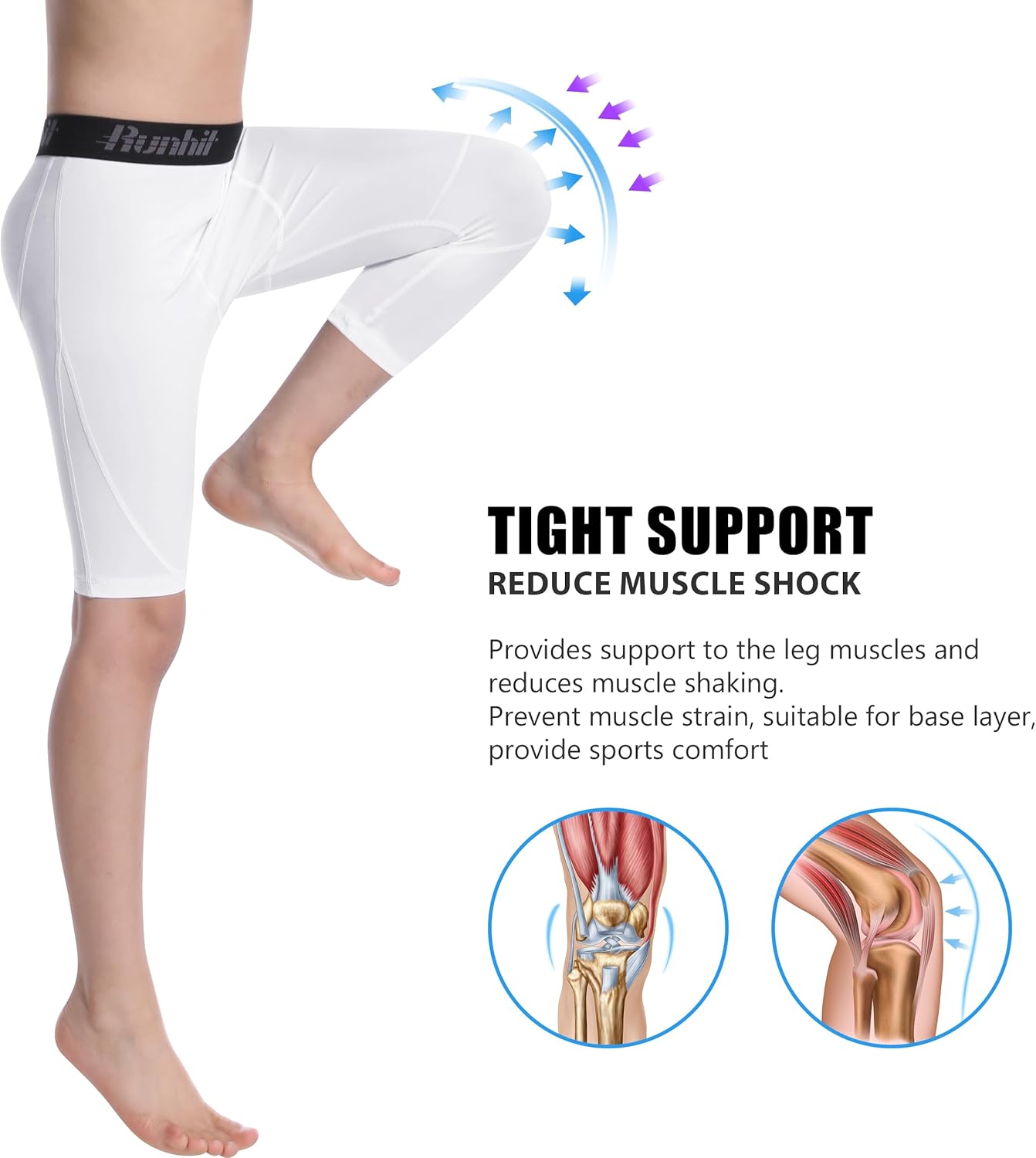 Runhit 3/4 One Leg Boys Compression Leggings,Athletic Tights Basketball Compression Pants,Youth Boys Base Layer Pants - Image 3