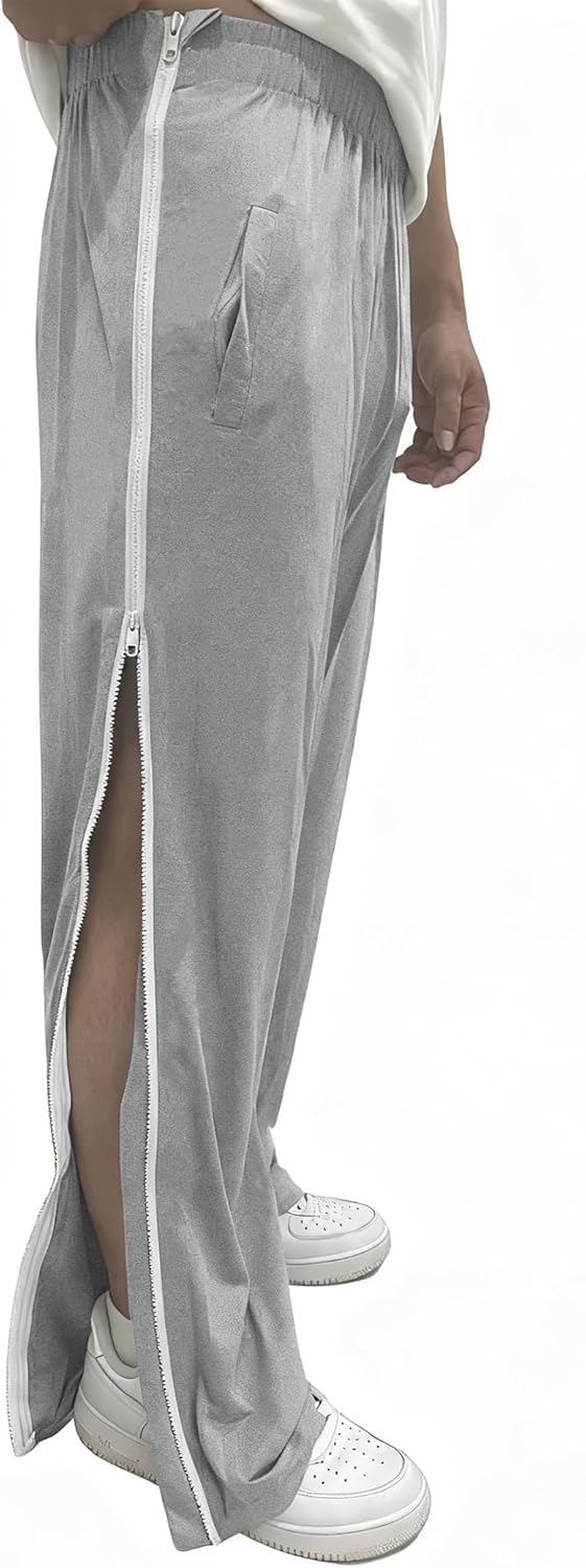 Men's Tear Away Pants 2 Side Full Zippers Legs Snap Off Sweatpants with Pockets for Post Knee Surgery Recovery