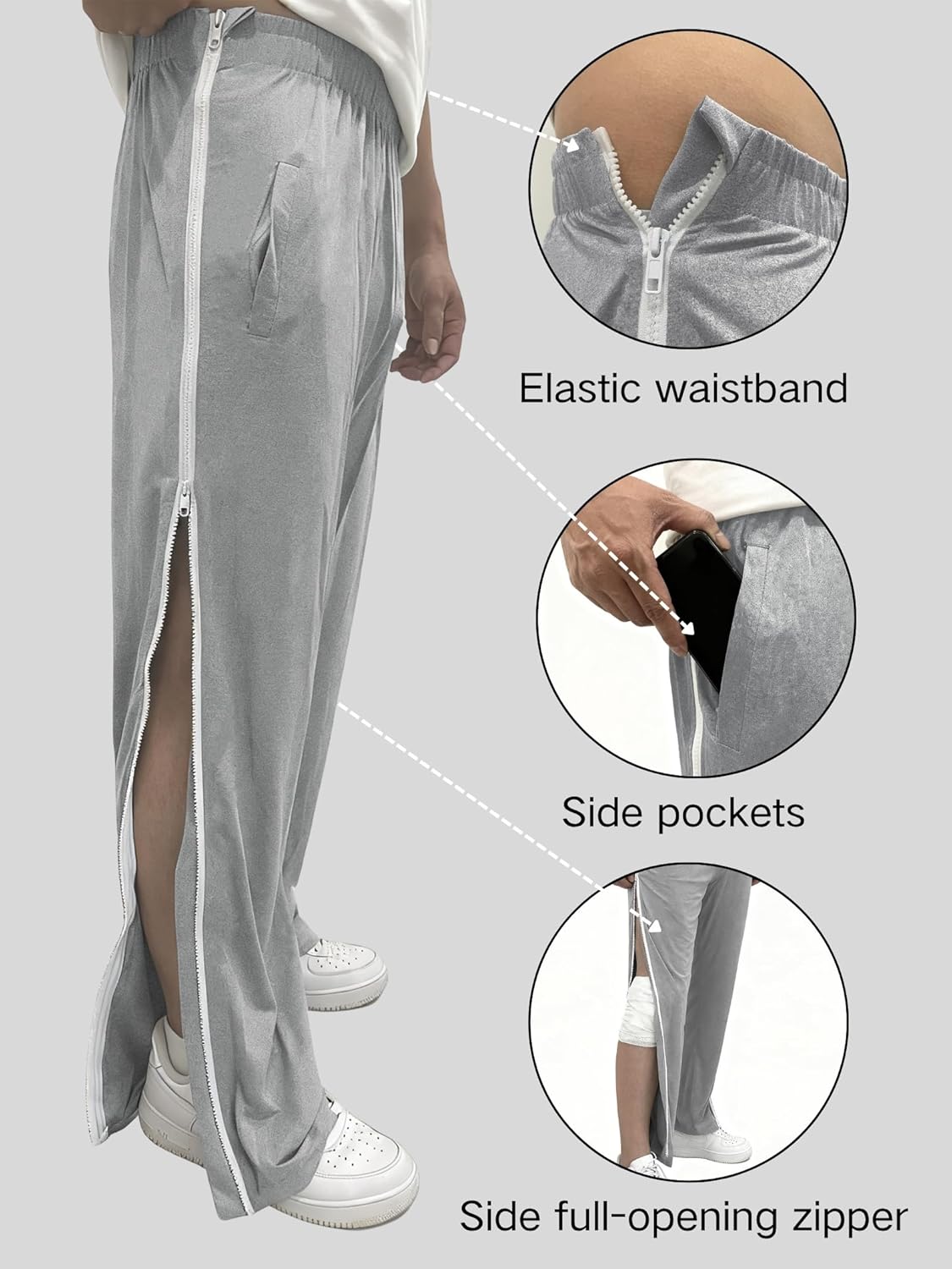 Men's Tear Away Pants 2 Side Full Zippers Legs Snap Off Sweatpants with Pockets for Post Knee Surgery Recovery - Image 3