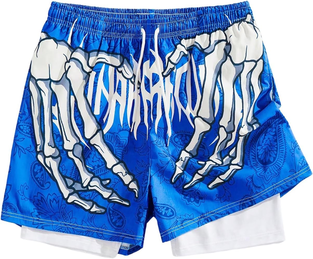 GORGLITTER Men's Skull-Hand Graphic Basketball Shorts with Liner 2 in 1 Drawstring Waist Workout Athletic Shorts - Image 6