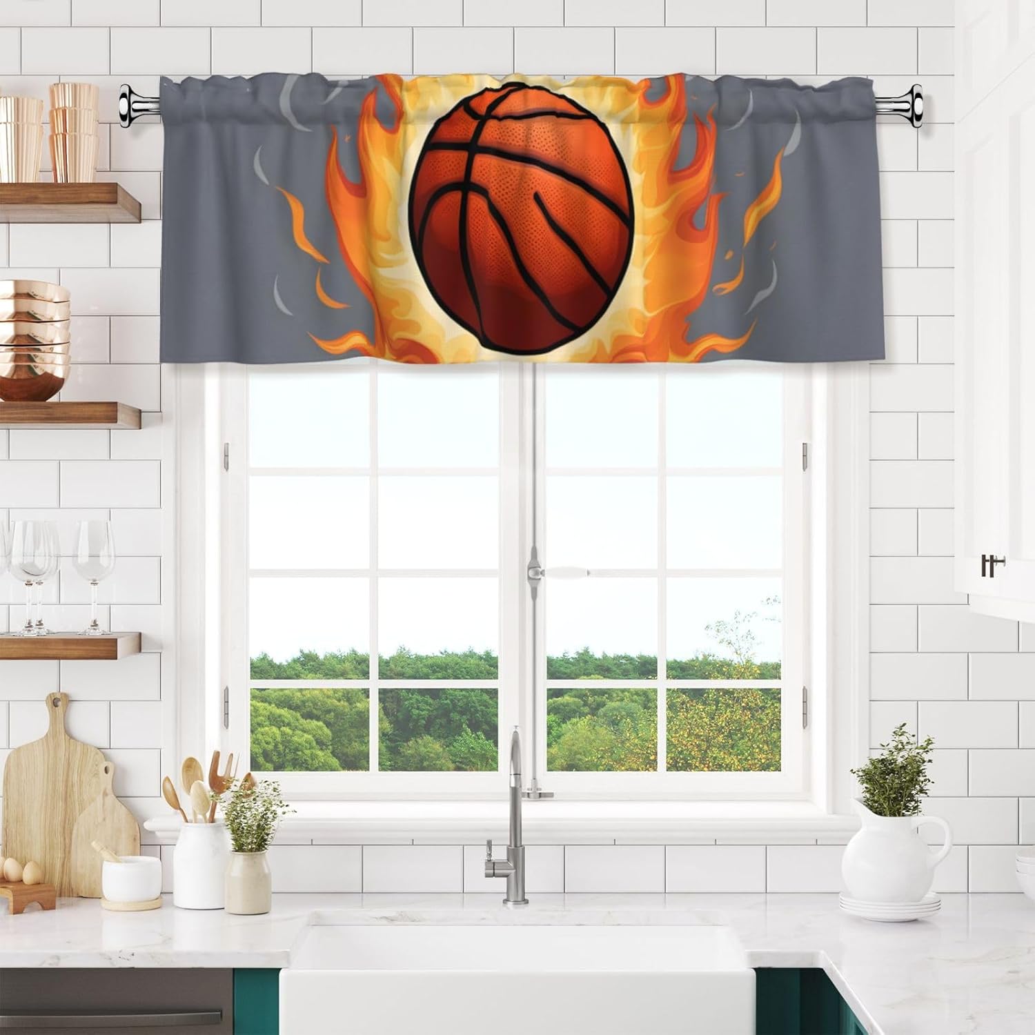 Short Curtains with Valance Rod 54x18in Basketball On Fire Printing for Kitchen, Bathroom, bedroom, Studio, Fits Most Standard or Decorative Curtain Rods - Image 6