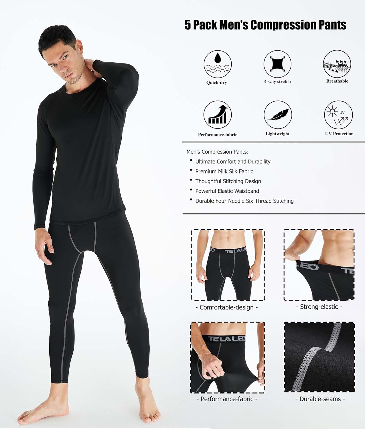 TELALEO 5 Pack Men's Compression Pants for Workout, Running,Basketball,Football-Sports Baselayer Leggings - Image 5