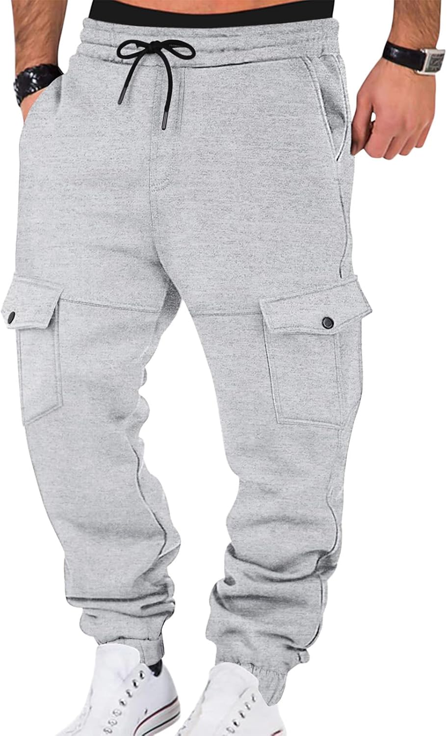 Mens Fleece Cargo Sweatpants Heavyweight Elastic Waist Pants with Pockets Baggy Drawstring Jogger Pants - Image 19