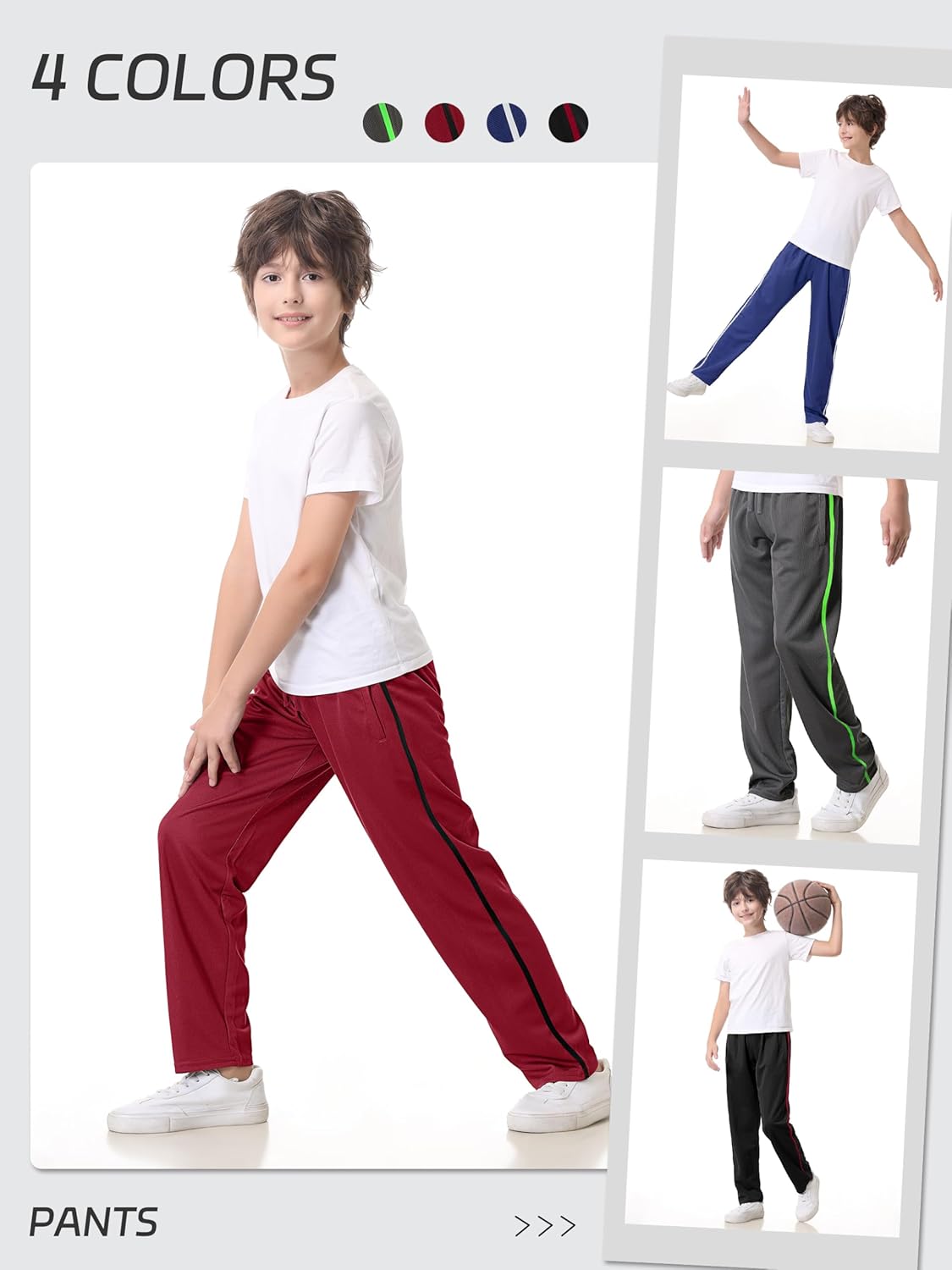 4 Pack Boys Mesh Athletic Pants, Lightweight Pants with Pockets and Drawstring, Thin Open Bottom Active Pants for Boys - Image 5