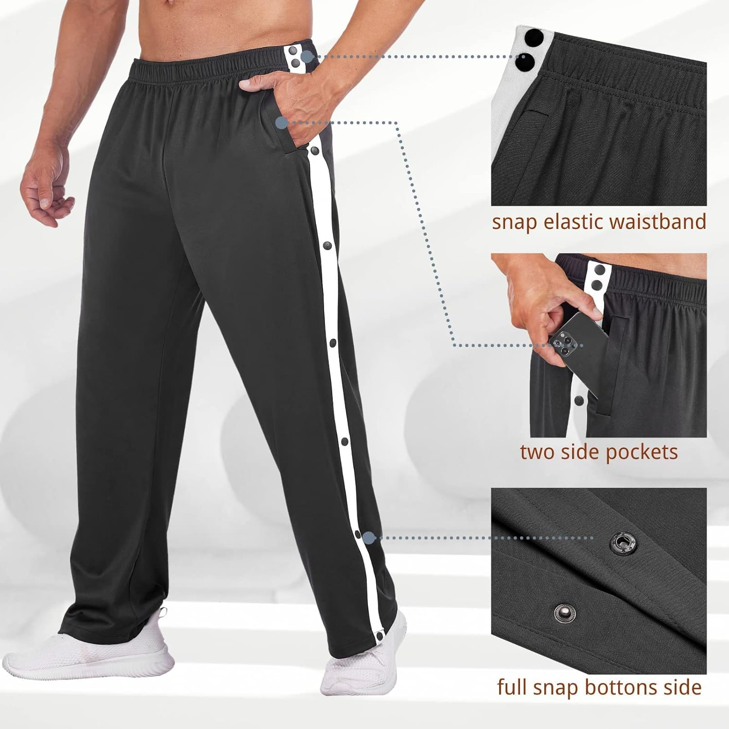 Deyeek Men's Tear Away Basketball Pants High Split Snap Button Casual Post-Surgery Sweatpants with Pockets - Image 3