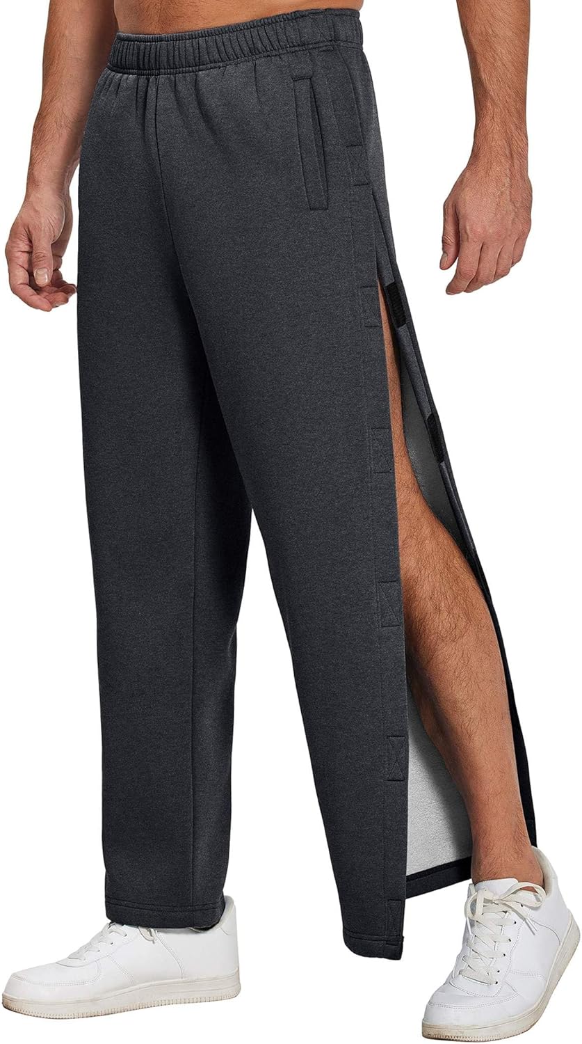 Deyeek Mens Fleece Tear Away Pants Loose Fit Post Knee Replacement Surgery Pants Breakaway Sweatpants Side Snap with Pockets