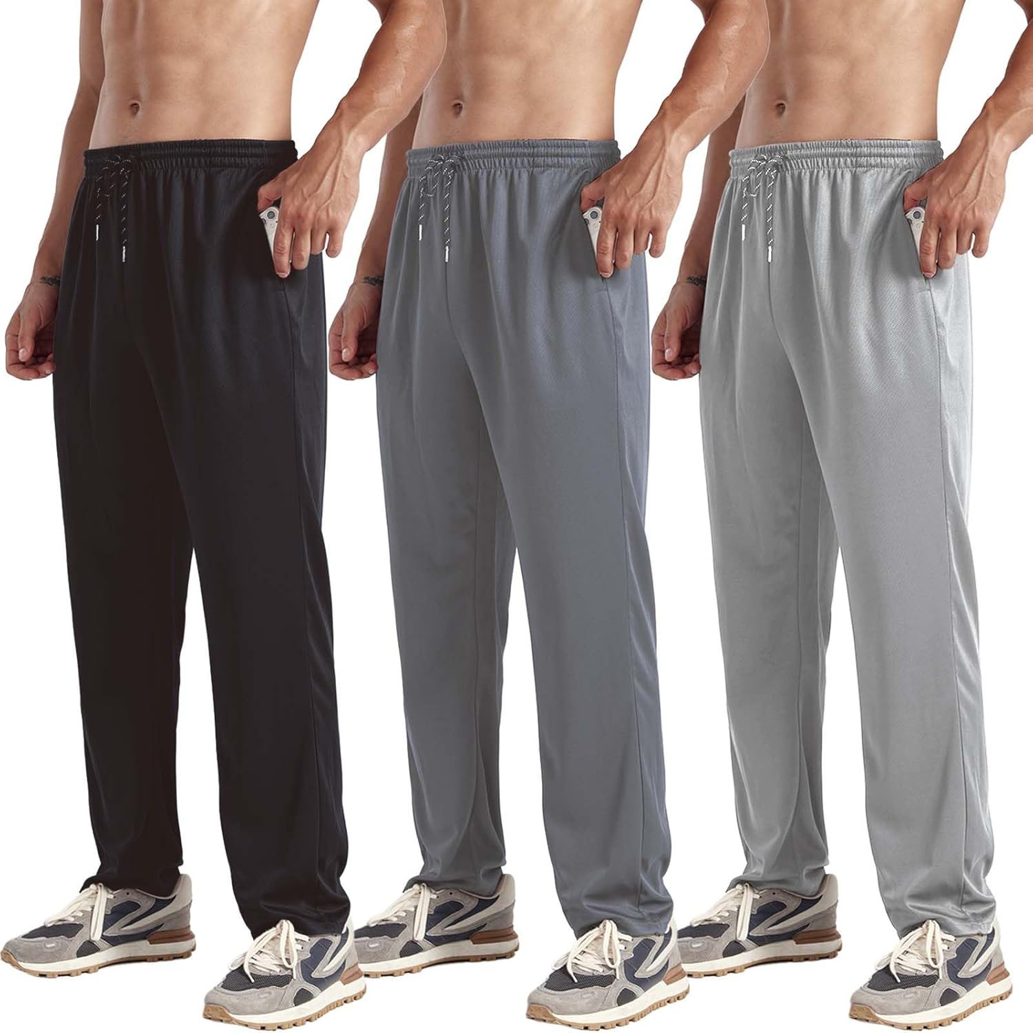 ZH 3 Pack Men's Sweatpants Open Bottom Joggers Lightweight Quick Dry Athletic Pants with Pockets for Workout & Lounge - Image 9