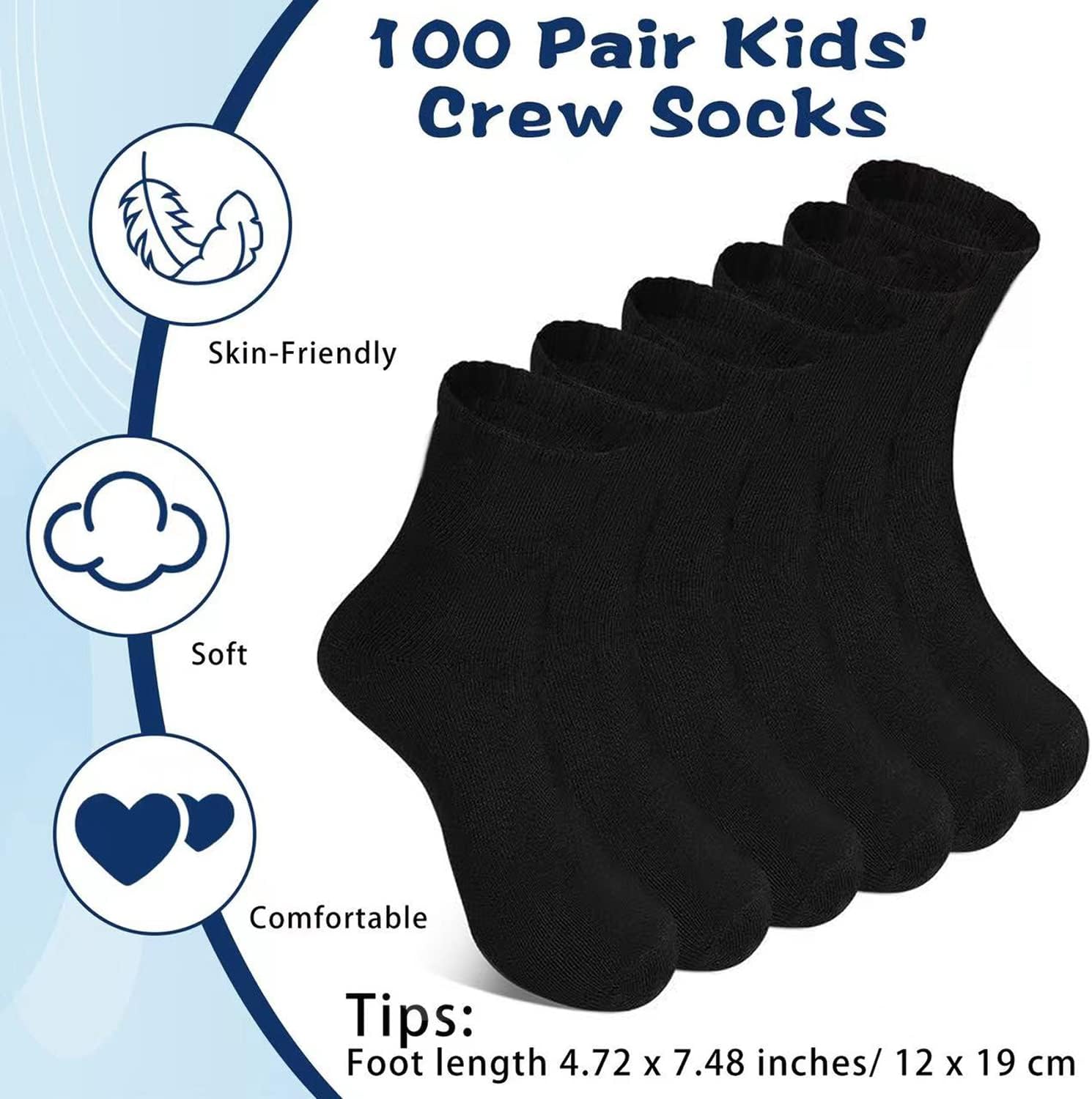 Hanaive Bulk 100 Pair Kids Crew Socks Unisex Stretch Cotton Socks Soft for Childrens Toddlers Youth Homeless Gifts Age 5-10 - Image 2