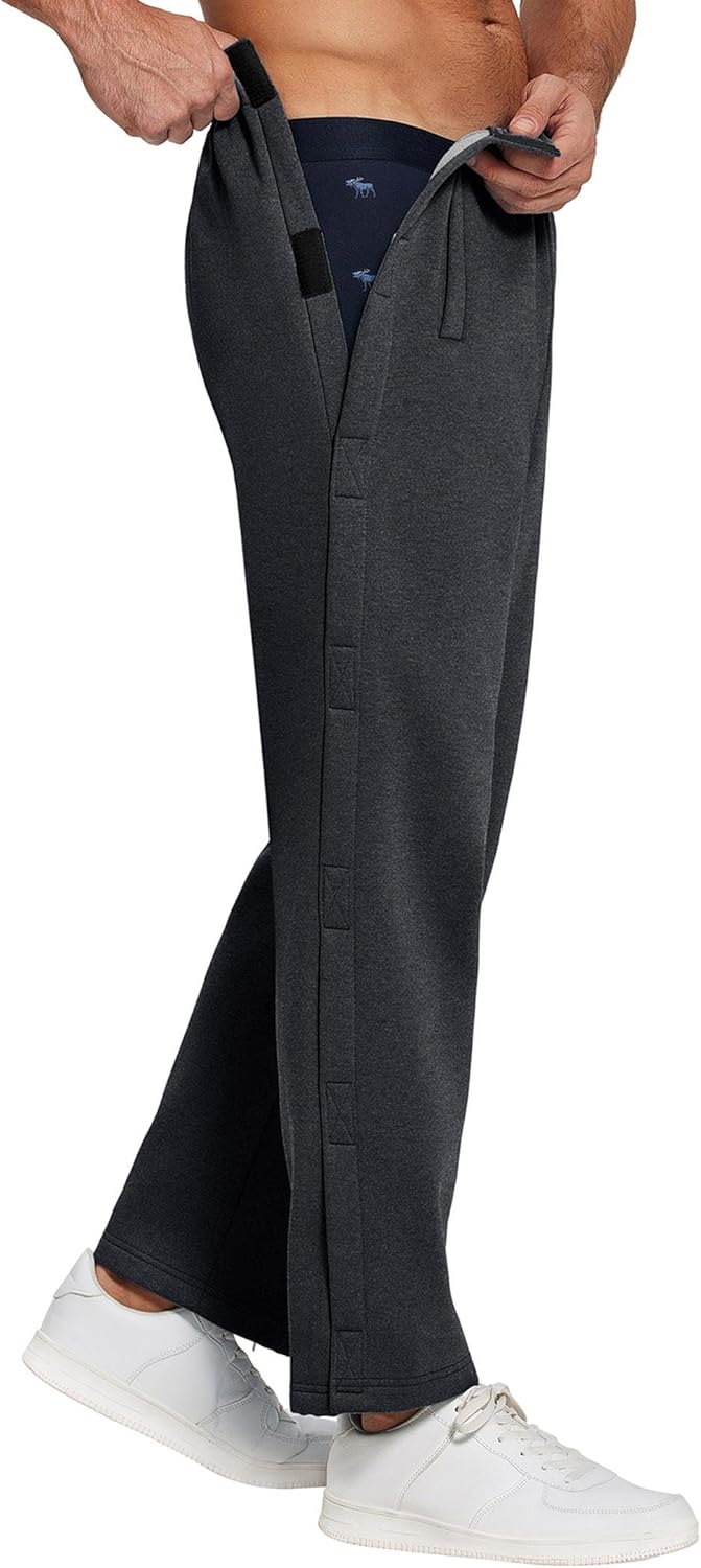 Deyeek Mens Fleece Tear Away Pants Loose Fit Post Knee Replacement Surgery Pants Breakaway Sweatpants Side Snap with Pockets - Image 2