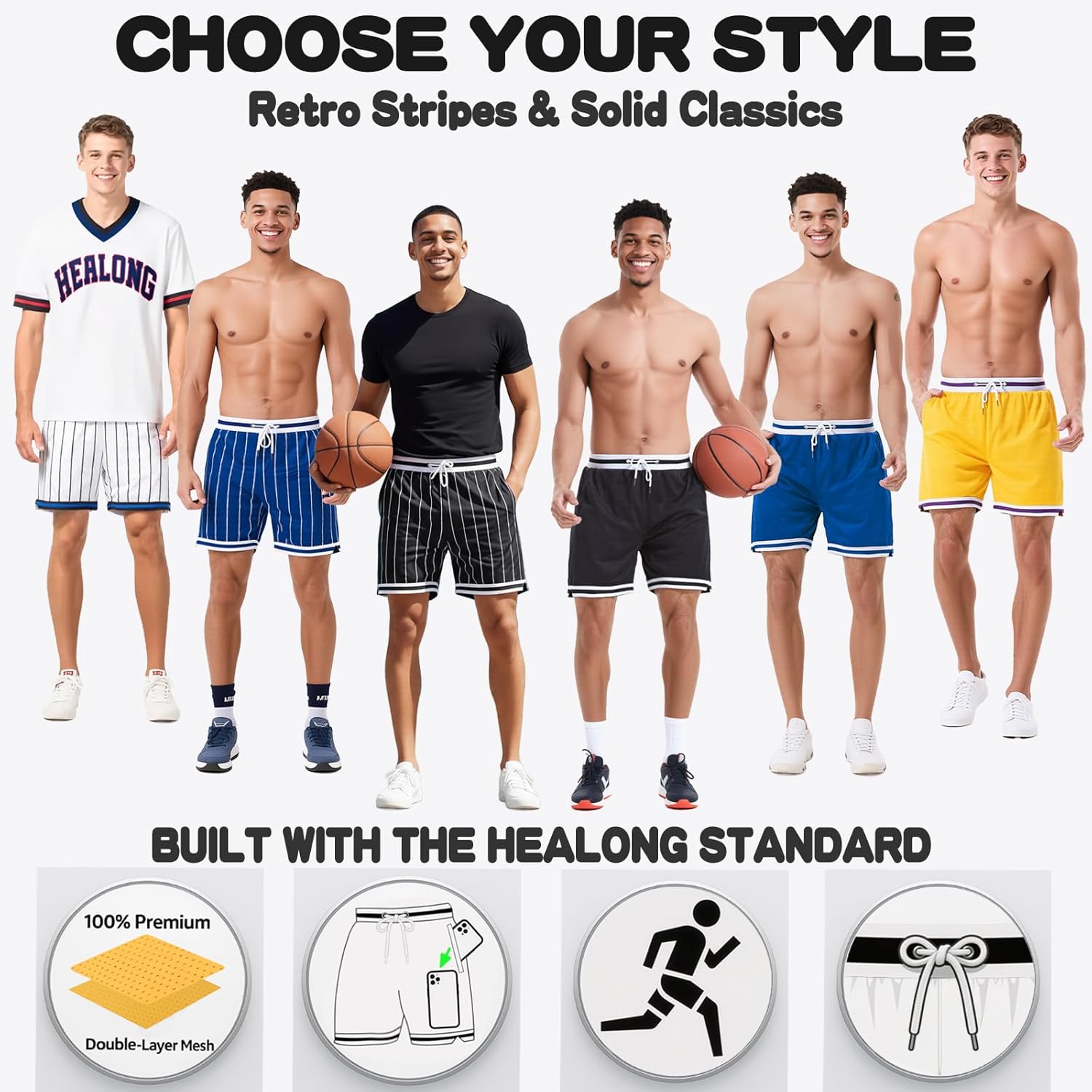 HEALONG Basketball Athletic Shorts Men - Mesh Gym Sports Workout Training Drawstring Retro Casual Fashion Short with Pockets - Image 6