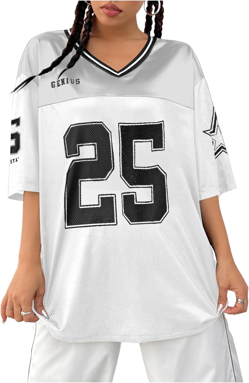 Verdusa Jersey Shirts for Women Y2K Graphic Tees Oversized Streetwear T Shirt V Neck Football Jersey