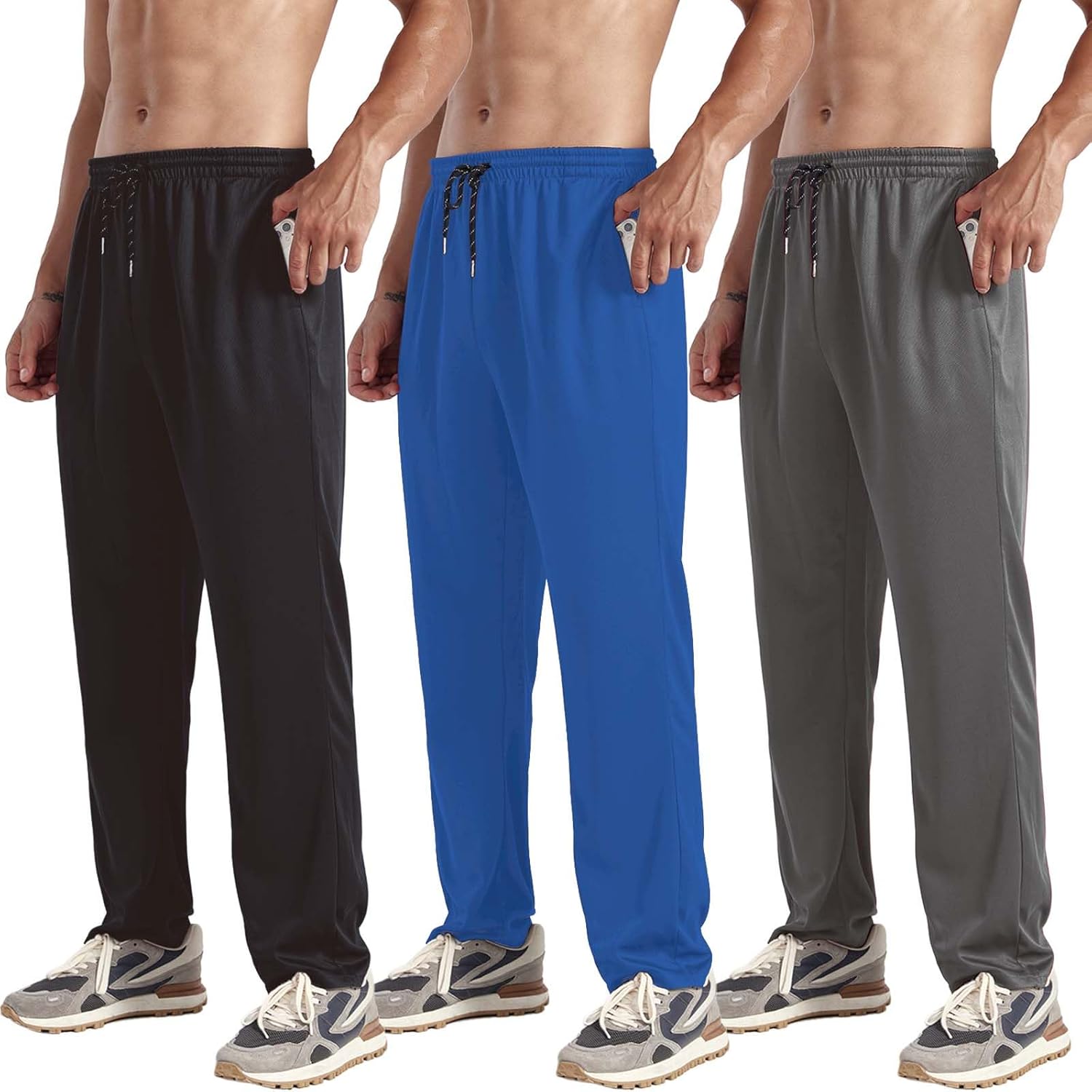 ZH 3 Pack Men's Sweatpants Open Bottom Joggers Lightweight Quick Dry Athletic Pants with Pockets for Workout & Lounge - Image 8