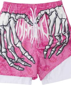 GORGLITTER Men's Skull-Hand Graphic Basketball Shorts with Liner 2 in 1 Drawstring Waist Workout Athletic Shorts