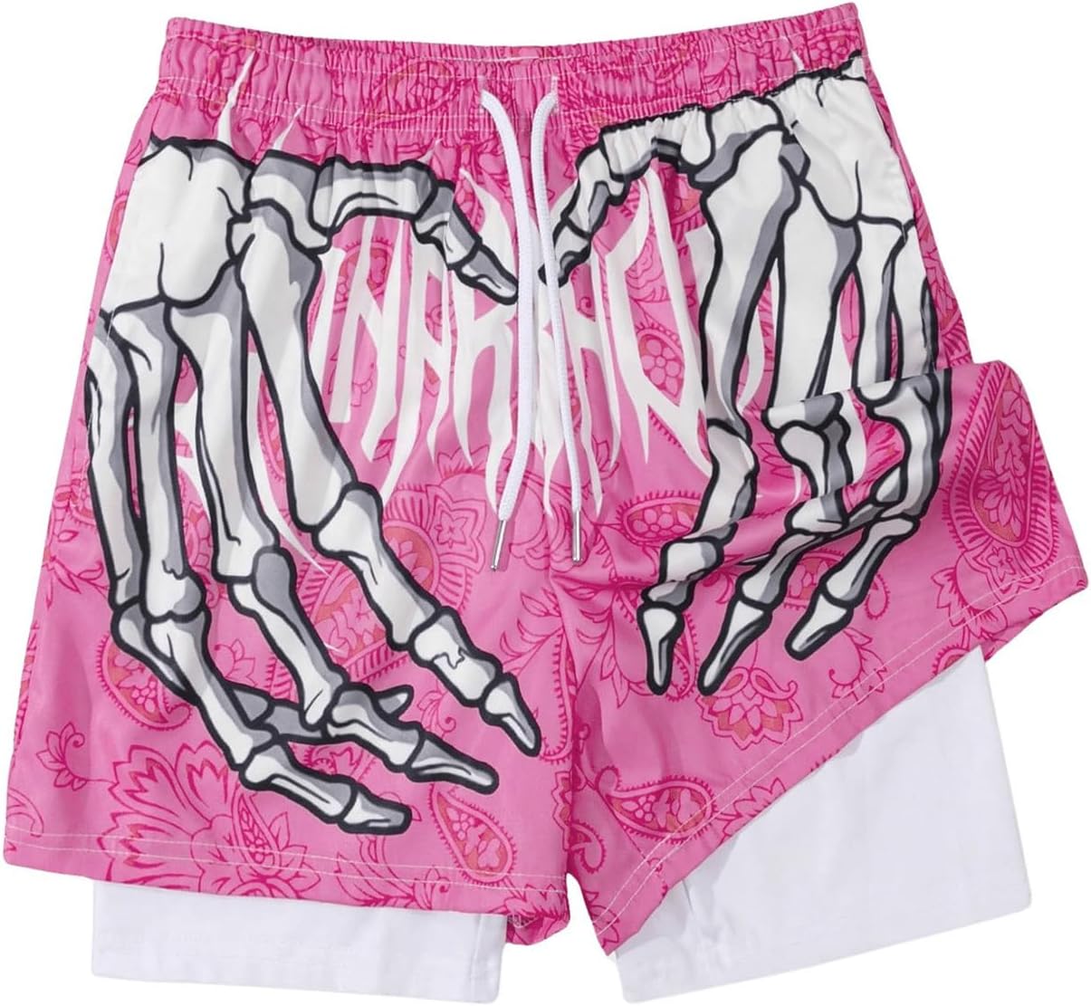 GORGLITTER Men's Skull-Hand Graphic Basketball Shorts with Liner 2 in 1 Drawstring Waist Workout Athletic Shorts