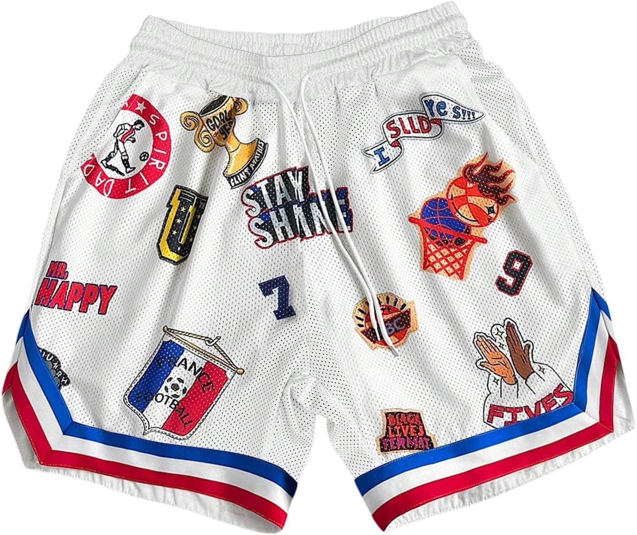 GORGLITTER Men's Graphic Basketball Shorts Y2K Striped Drawstring Waist Workout Drippy Shorts Streetwear