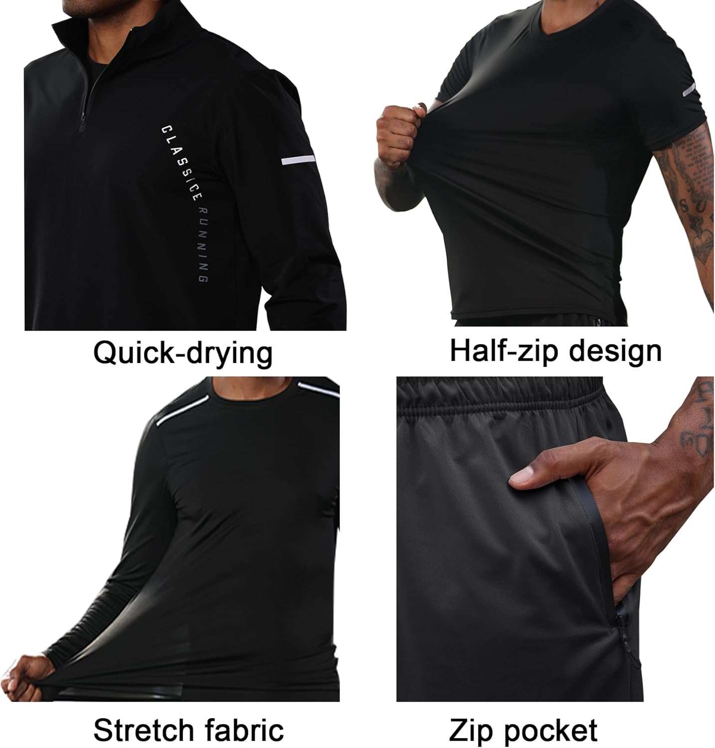 BUYJYA 5Pcs Men's T Shirts Workout Long Sleeve Athletic Zip Pocket Shorts Jackets Compression Pants Gym Basketball Gear - Image 6