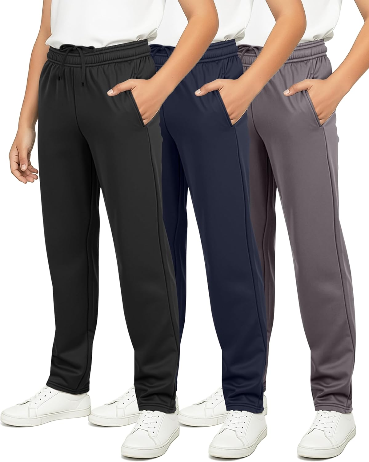 Real Essentials 3 Pack: Boys' Tricot Open Bottom Fleece-Lined Sweatpants with Pockets - Image 11