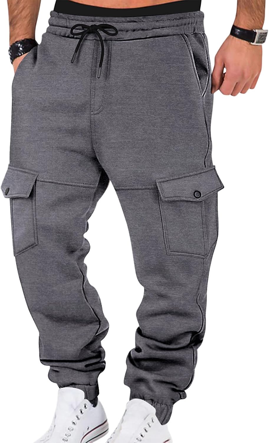 Mens Fleece Cargo Sweatpants Heavyweight Elastic Waist Pants with Pockets Baggy Drawstring Jogger Pants - Image 15