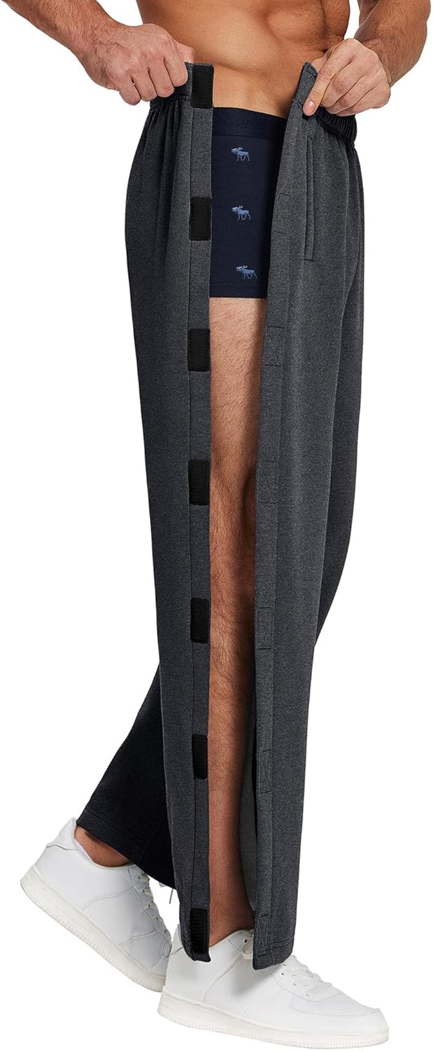 Deyeek Mens Fleece Tear Away Pants Loose Fit Post Knee Replacement Surgery Pants Breakaway Sweatpants Side Snap with Pockets - Image 3