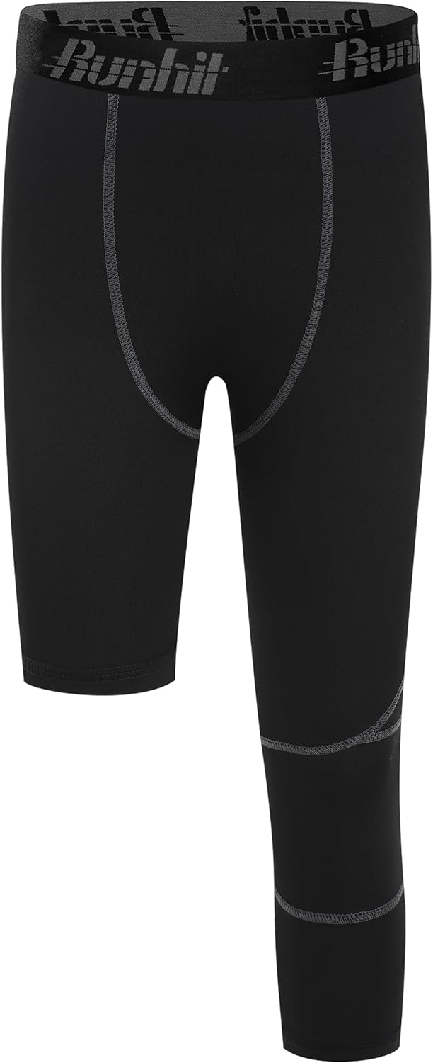 Runhit 3/4 One Leg Boys Compression Leggings,Athletic Tights Basketball Compression Pants,Youth Boys Base Layer Pants - Image 13