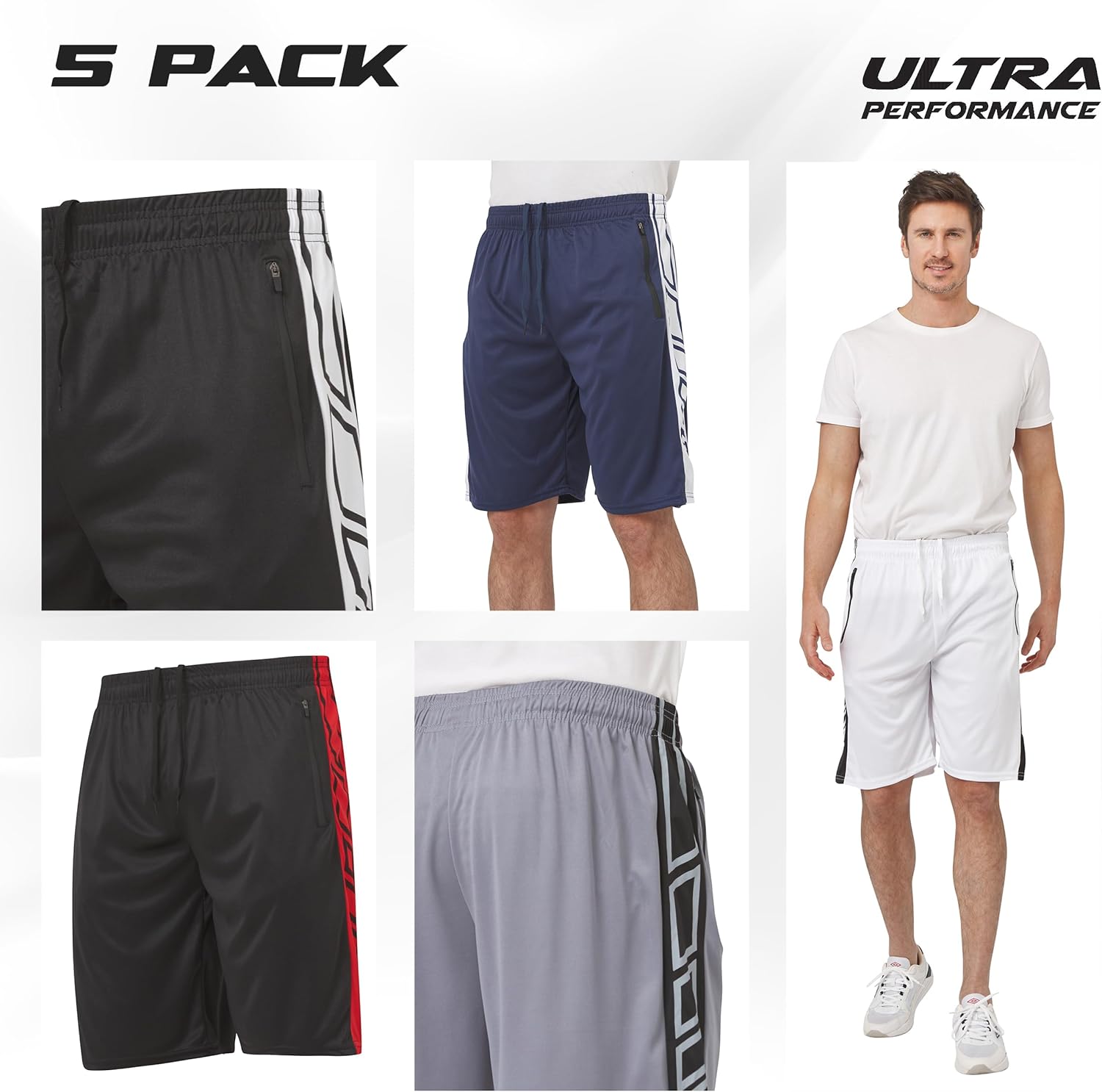 Ultra Performance Mens 5 Pack Athletic Running Shorts, Basketball Gym Workout Shorts for Men with Zippered Pockets - Image 2