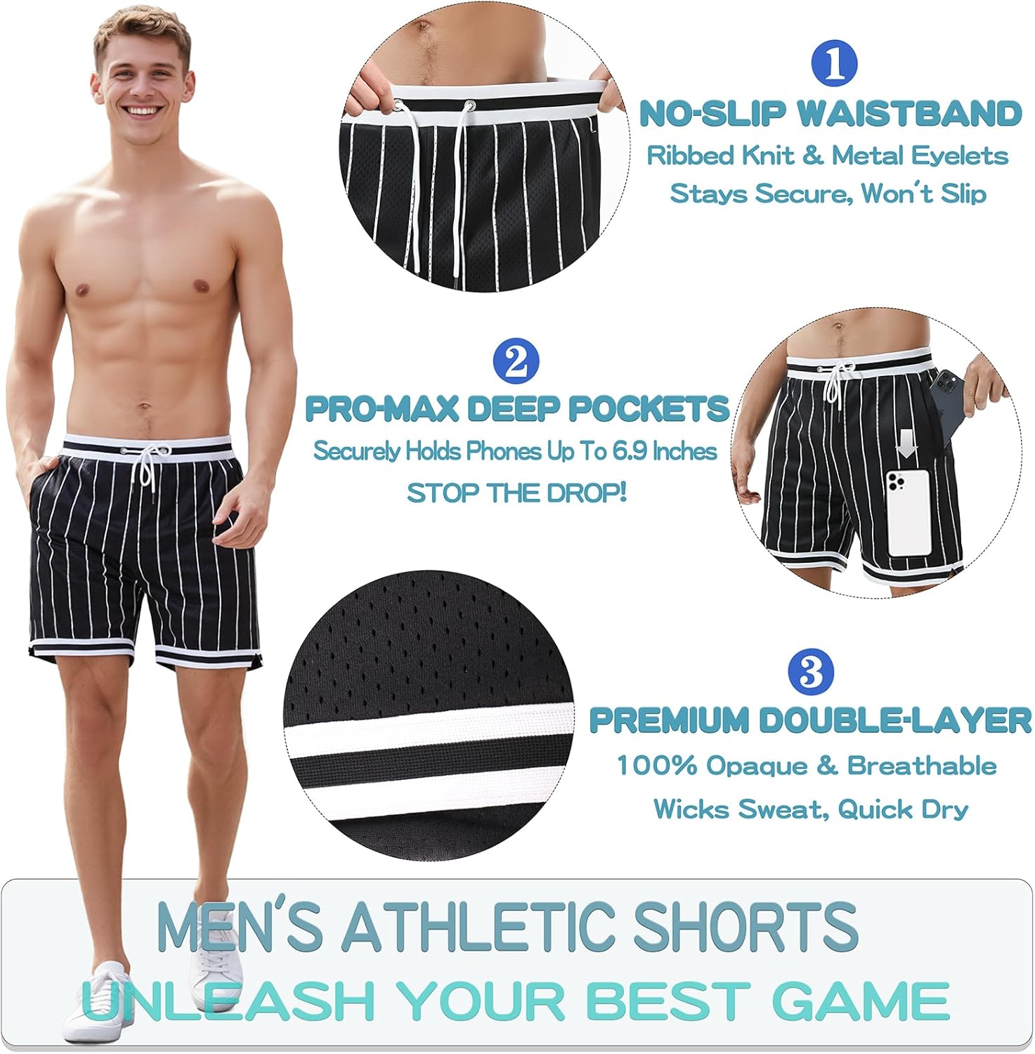 HEALONG Basketball Athletic Shorts Men - Mesh Gym Sports Workout Training Drawstring Retro Casual Fashion Short with Pockets - Image 4