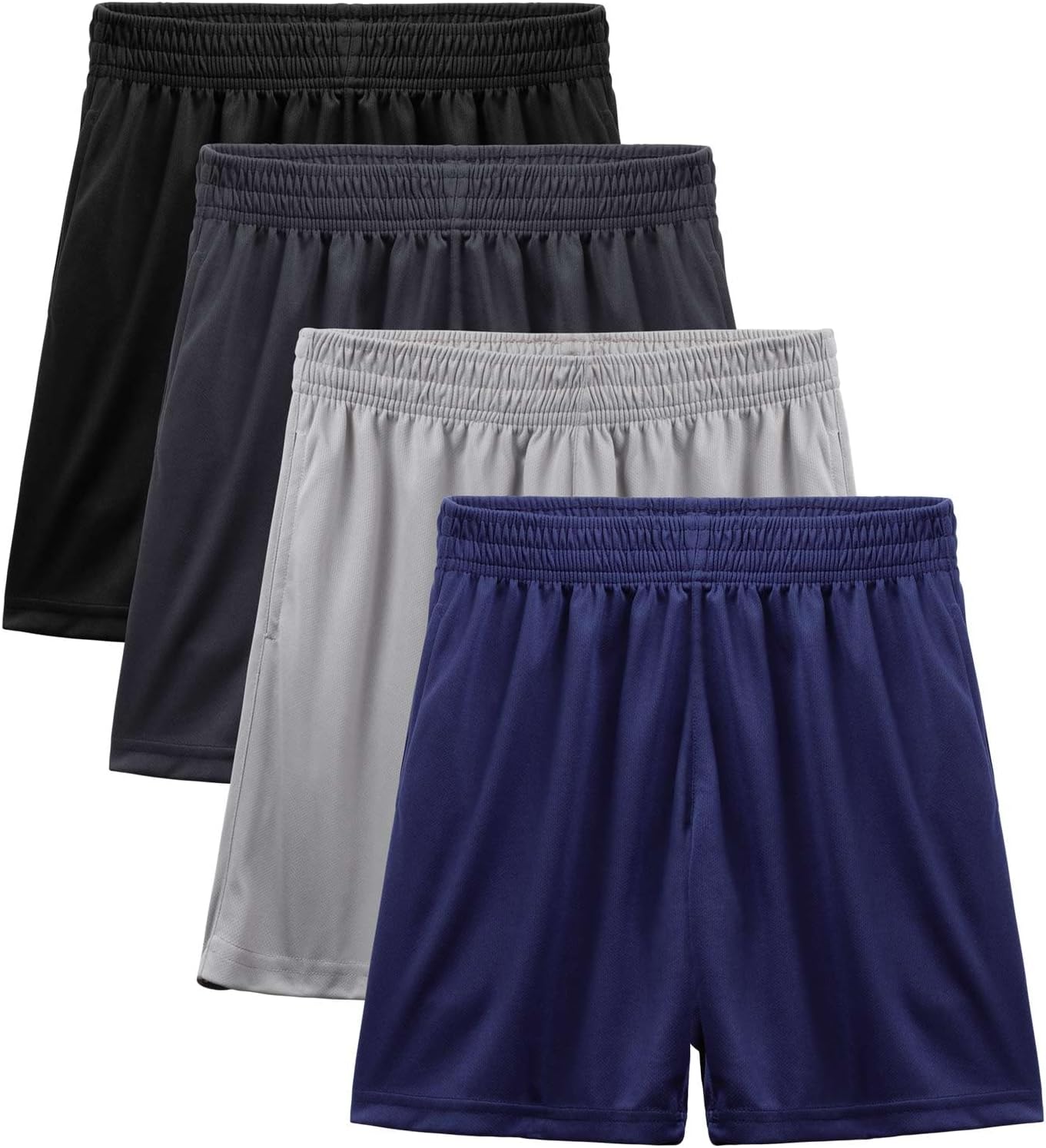 4-Pack Boy's Athletic Shorts Elastic Waistband Quick Dry Youth Basketball Shorts with Pockets (Ages 7-15)