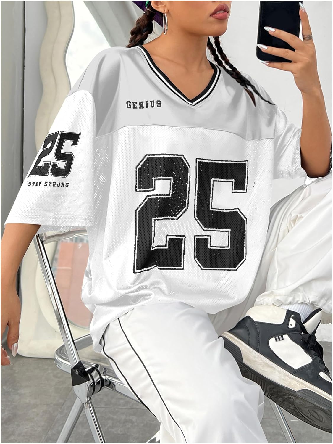 Verdusa Jersey Shirts for Women Y2K Graphic Tees Oversized Streetwear T Shirt V Neck Football Jersey - Image 5