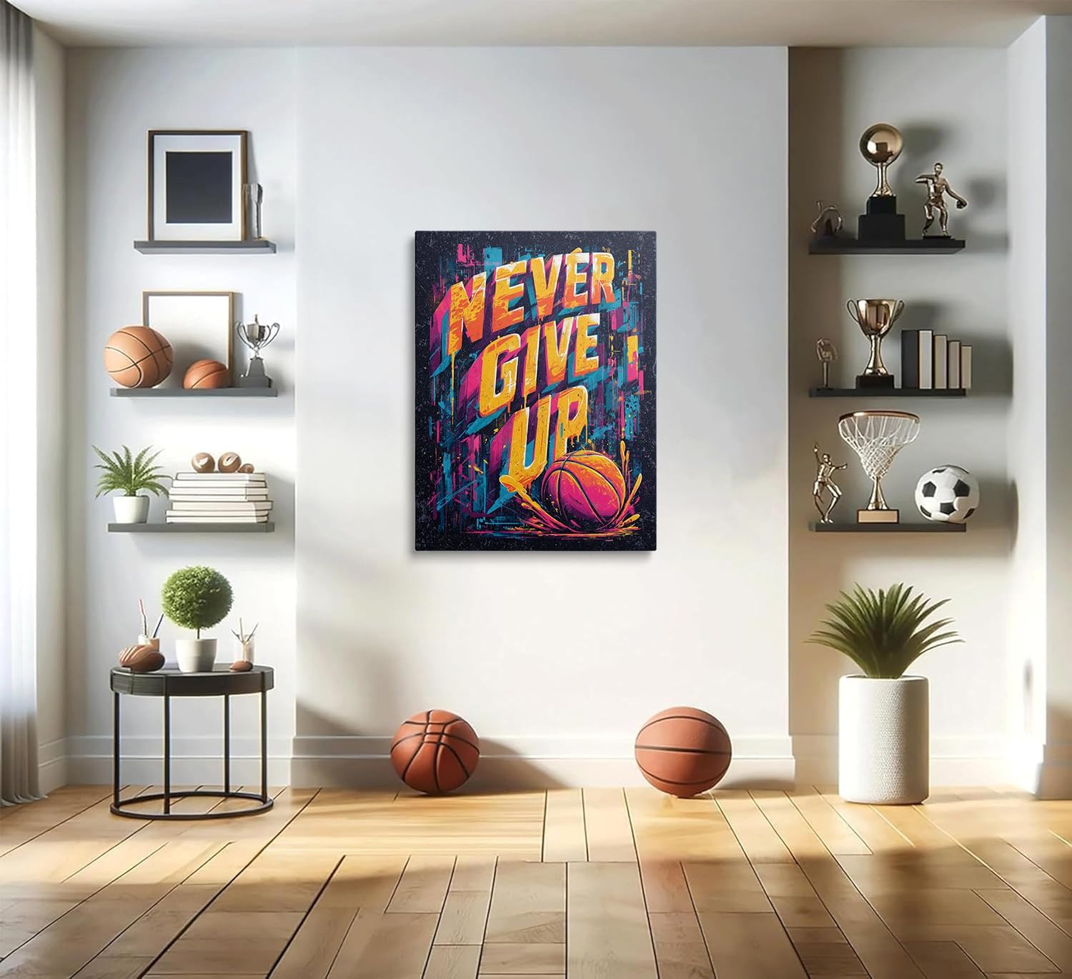 Cool Never Give Up Basketball Motivational Picture Wall Decor Framed Modern Inspirational Canvas Wall Art Graffiti Gym Prints Poster Colorful Painting for Living Room Bedroom Artwork (16"x24") - Image 2