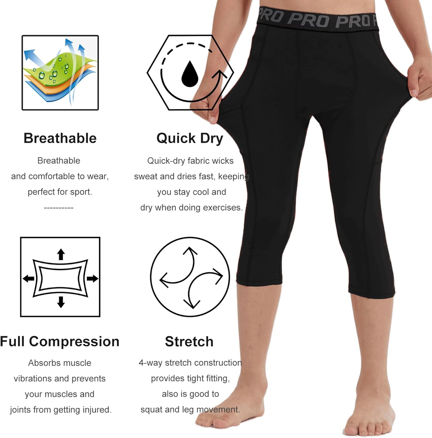 LANBAOSI Youth Boys 3/4 Compression Pants Basketball Tights Sports Capris Leggings Running Base Layer - Image 5