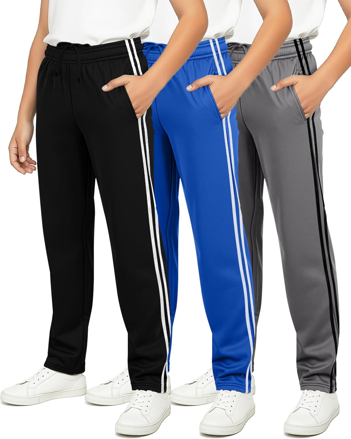 Real Essentials 3 Pack: Boys' Tricot Open Bottom Fleece-Lined Sweatpants with Pockets